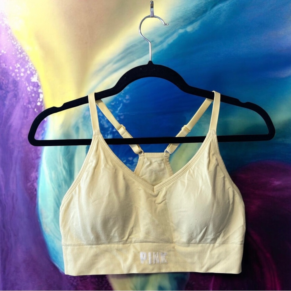 PINK Yellow Sports Bra with Wide Straps and V-Neckline